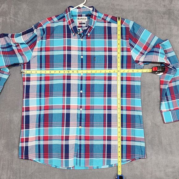 Barbour Button Up Shirt Mens 3XL Plaid Tailored Fit Blue Red Aqua - Picture 7 of 7